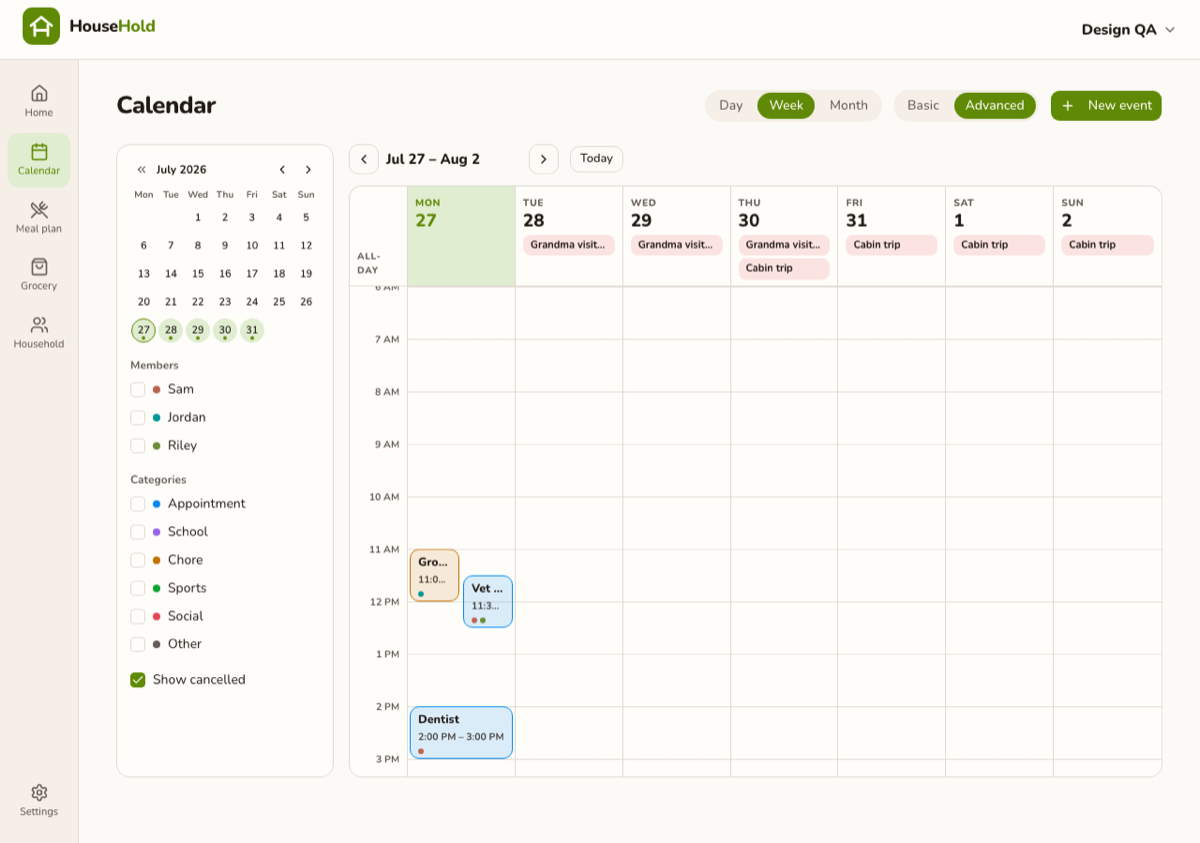 HouseHold shared weekly calendar with colour-coded events