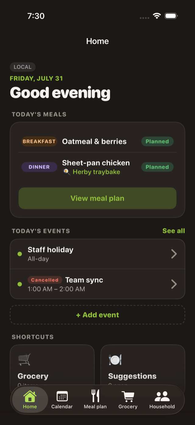 HouseHold iOS home screen in dark mode
