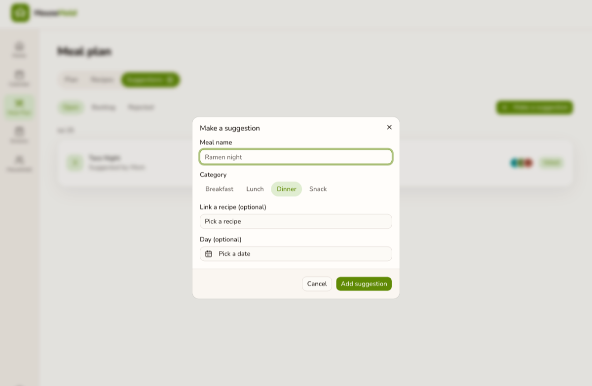 HouseHold meal suggestion screen where a family can vote