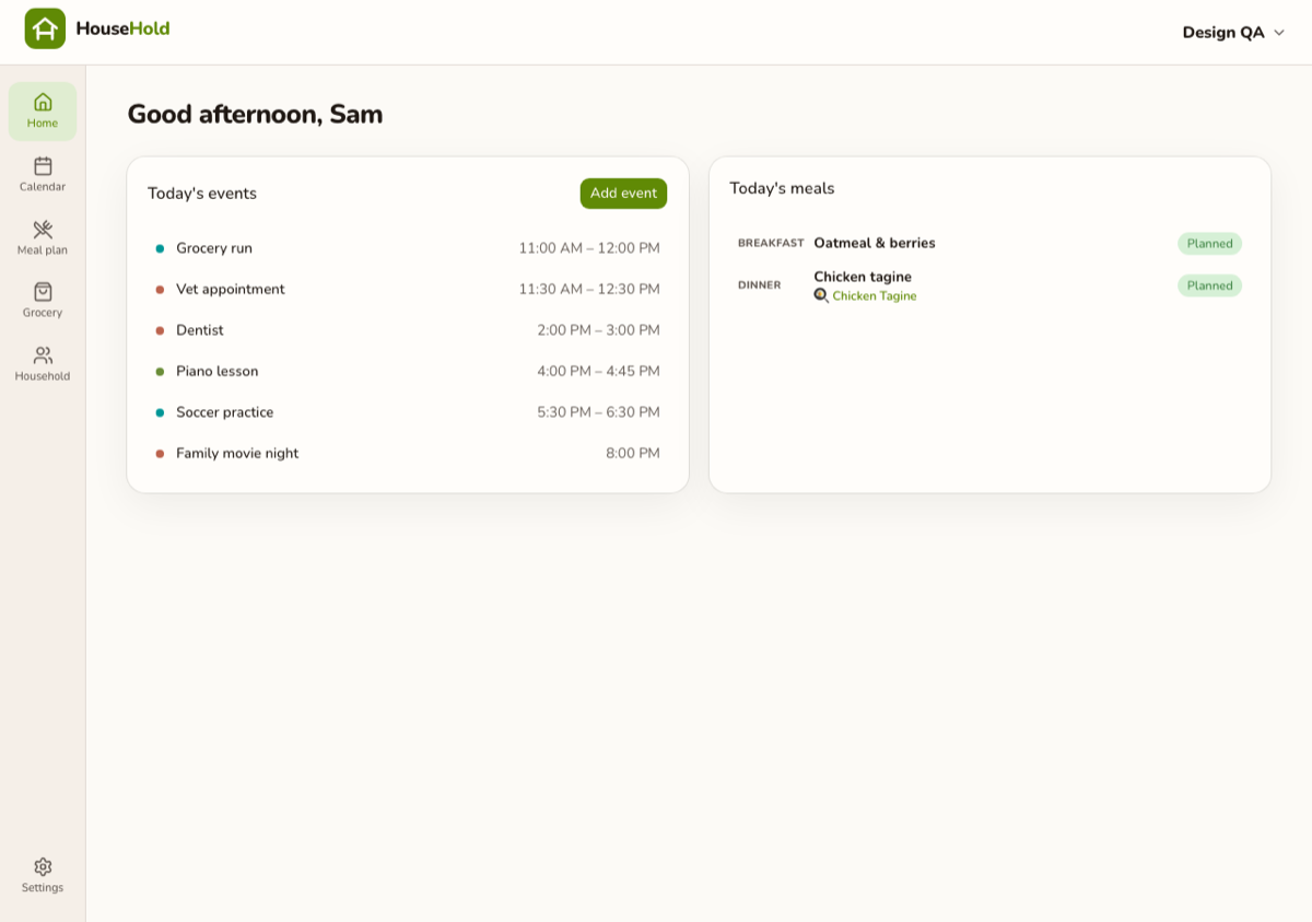 HouseHold web dashboard showing today's events and meals